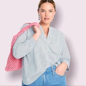 J Crew V Neck Cotton Poplin Tunic Long-Sleeve in Blue Stripes size S